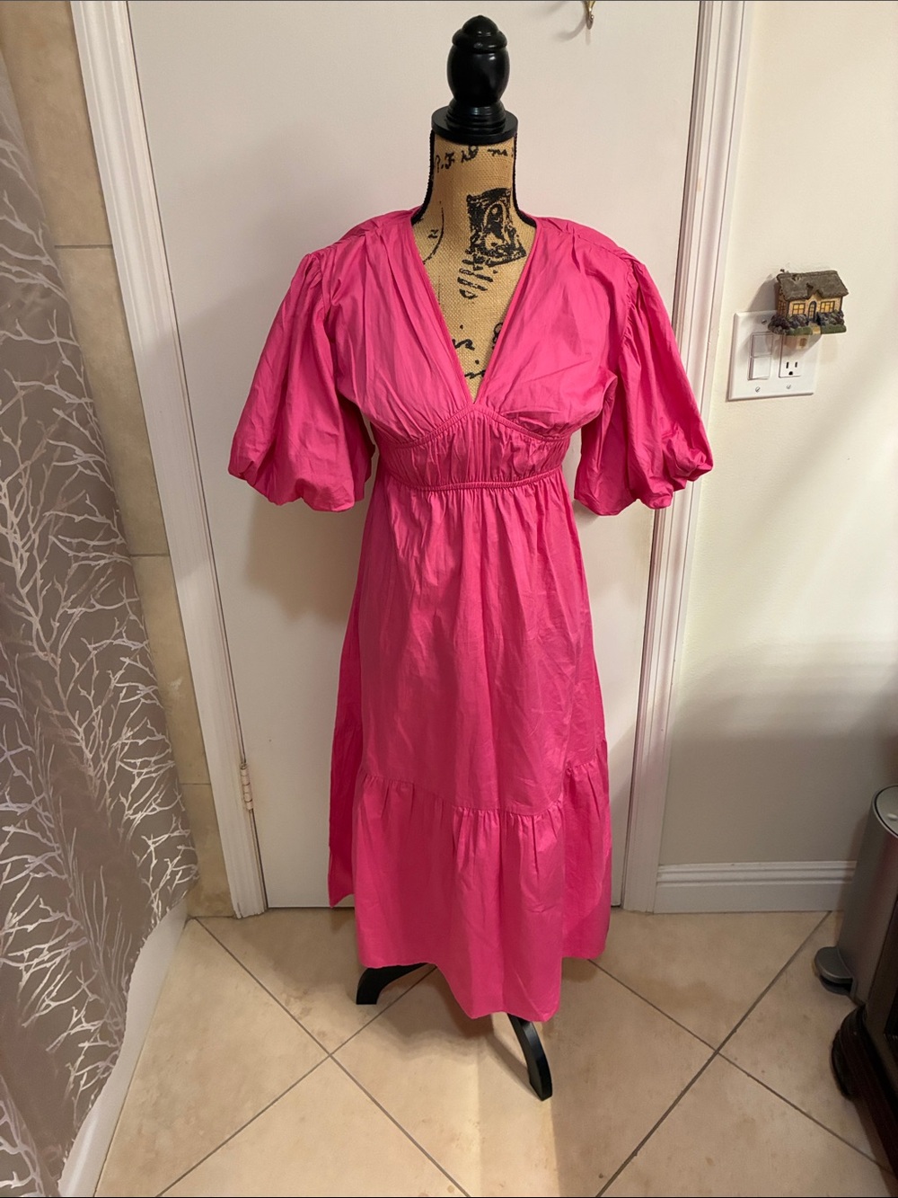 Jessica Simpson Hot Pink V-Neck Puff Sleeve Midi Dress Sz S